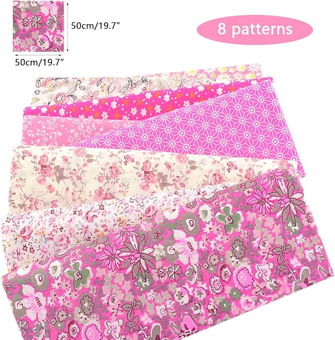 100% Cotton Fabric for Sewing Bundle: 8 Pre-Cut Floral Squares (20"x20"), Breathable, DIY Patchwork Quilting Fabric in Pink