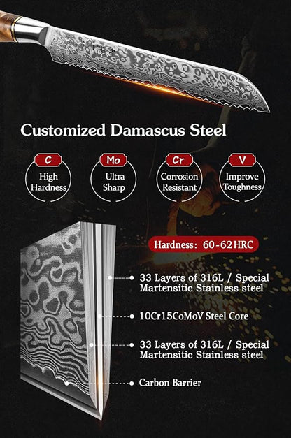 HEZHEN 8.3-Inch Bread Knife – 67 Layers Damascus Steel, Professional Serrated Slicer for Sourdough & Artisan Bread, Figured Sycamore Handle