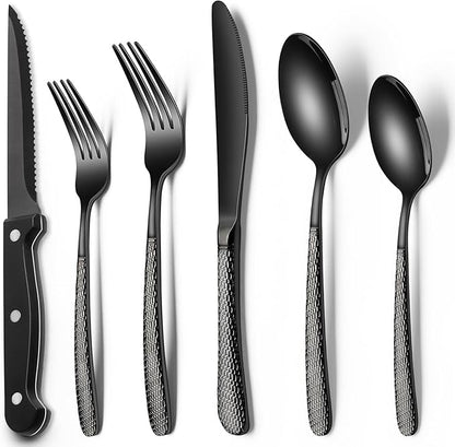 EWFEN 24-Piece Black Silverware Set with Steak Knives, Black Flatware Set for 4, Food-Grade Stainless Steel Tableware Cutlery Set, Mirror Finished Utensil Sets for Home Restaurant, Round Hammered