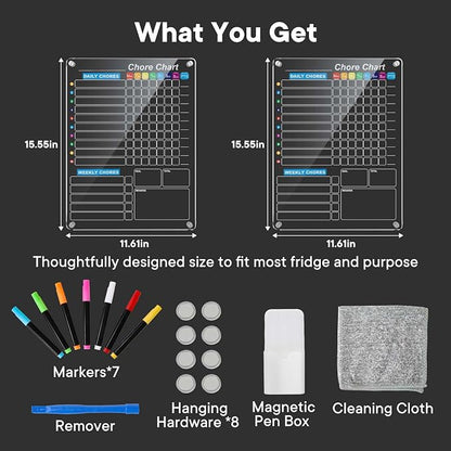 2-Pack Acrylic Magnetic Chore Chart for Kids, 12"x16" Daily/Weekly Easy-Check Reward Responsibility to Do List, Fridge Dry Erase Board for Multiple Kids Teens Adult Family, 7 Markers
