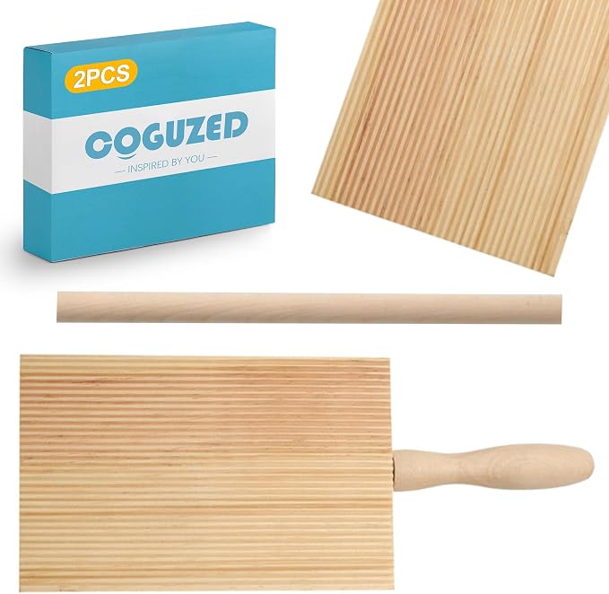 CoguZed Wooden Gnocchi Board Set with Rolling Pin, Professional Gnocchi Maker and Pasta Board for Homemade Garganelli, Natural Wood Paddle for Kitchen Cooking