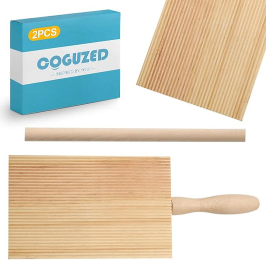 CoguZed Wooden Gnocchi Board Set with Rolling Pin, Professional Gnocchi Maker and Pasta Board for Homemade Garganelli, Natural Wood Paddle for Kitchen Cooking