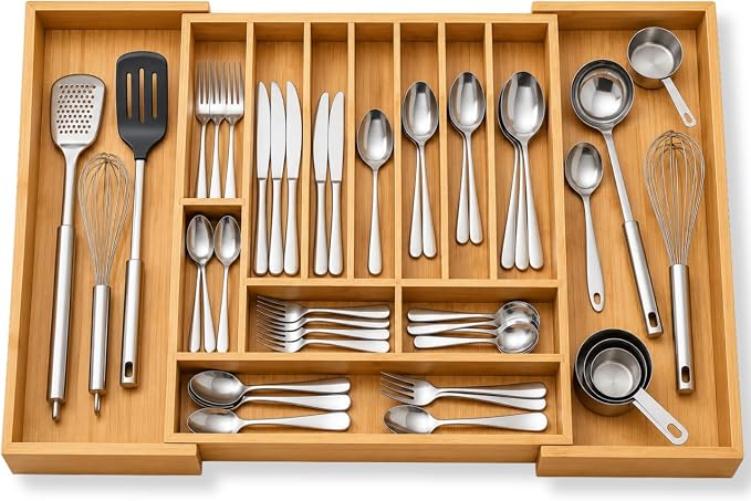 Expandable Bamboo Silverware Organizer for Drawer, 11 Compartments | Expands 18.5"-33", 11-13 Deep Slots with Adjustable Dividers, Solid Bamboo Construction, Non-Slip Design