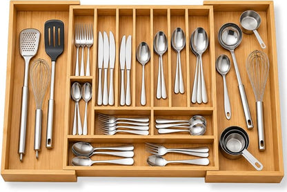 Expandable Bamboo Silverware Organizer for Drawer, 11 Compartments | Expands 18.5"-33", 11-13 Deep Slots with Adjustable Dividers, Solid Bamboo Construction, Non-Slip Design