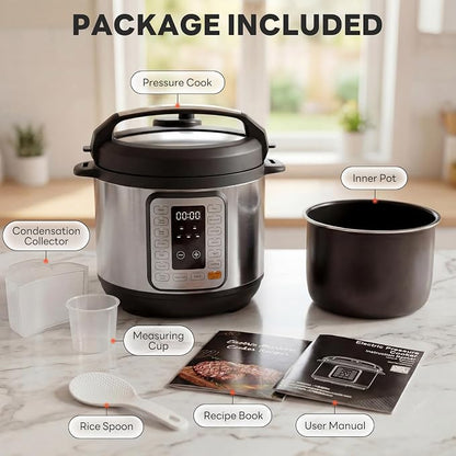 DUMOS 16-in-1 Electric Pressure Cooker, 6QT Programmable Multi Cooker with 12 One-Touch Presets, Soup Steam Yogurt and More, Ceramic Inner Pot Delay Start & Keep Warm, Includes Recipe Guide, Silver