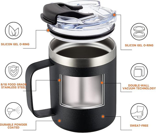 12oz Insulated Coffee Mug Cup with Handle, Stainless Steel Travel Coffee Mug with Flip Lid, Double Wall Vacuum Coffee Tumbler,Blush