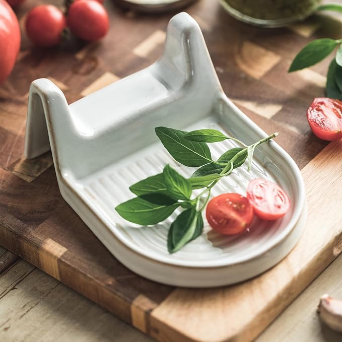 Ceramic Spoon Rest for Countertop Heat-Resistant Spoon Rest for Stove Top Kitchen Gadgets & Kitchen Utensils Holder White