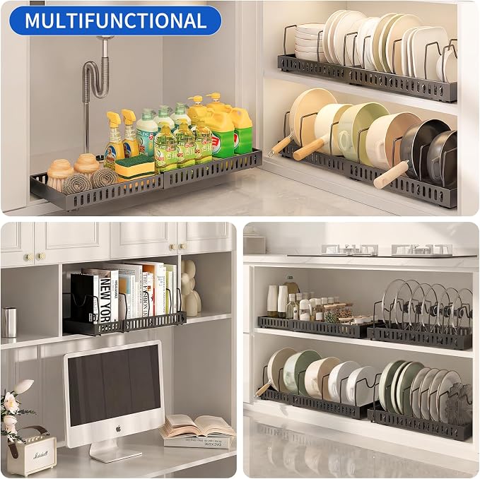 Pull-Out Pots and Pans Organizer, Expandable Lid Rack Pans Organizer Under Cabinet with 12 Adjustable Dividers, Storage Rack for Cookware, Spice, Cutting Board, Dishes, Baking Tray, Lid (Black)