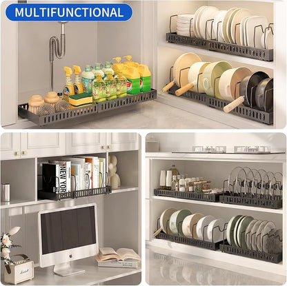 Pull-Out Pots and Pans Organizer, Expandable Lid Rack Pans Organizer Under Cabinet with 12 Adjustable Dividers, Storage Rack for Cookware, Spice, Cutting Board, Dishes, Baking Tray, Lid (Black)