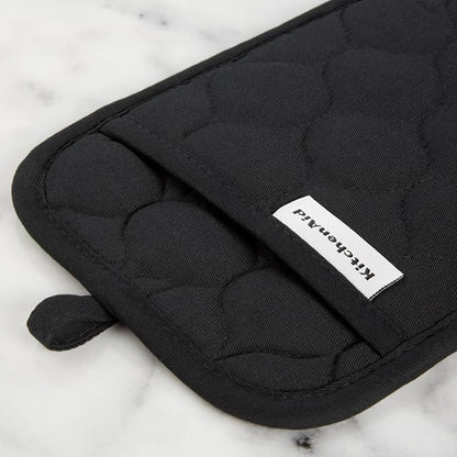 KitchenAid Quilted Cotton Terry Cloth Oven Mitt, Pot Holder, Kitchen Towel 4-Pack Set, Heat Resistant, Silicone Grip, Gift Set, Matte Black, 16"x26", 7"x13" & 7"x10"