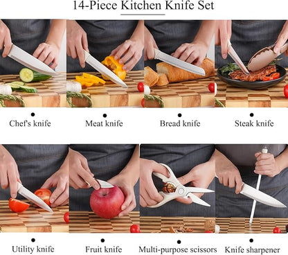 White Knife Set with Wood Block, 14-Piece Aesthetic Kitchen Knife Sets for Women,Non Rust Sharp Stainless Steel Knives With Sharpener,Gifts for Modern Kitchen Decor