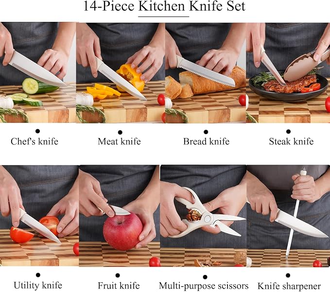 Pink Knife Set with Wood Block, 14-Piece Aesthetic Kitchen Knife Sets for Women,Non Rust Sharp Stainless Steel Knives With Sharpener,Gifts for Modern Kitchen Decor