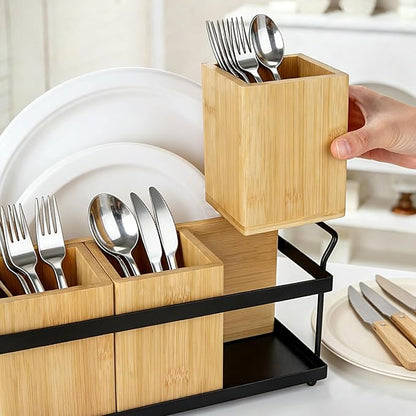 MECHEER Kitchen Silverware Caddy Utensil Holder for Party Paper Plate Holders Flatware Cutlery Organizer Wood Utensil Holder with Removable Dividers for Forks Plates Spoons