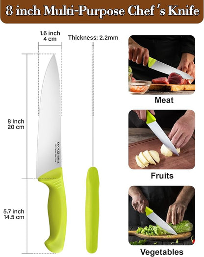 Cook N Home Professional 8 Inch Chef's Knife Multi-Purpose, Straight Edge High Carbon Stainless Steel Sharp Kitchen Knife, Ergonomic Handle, Green
