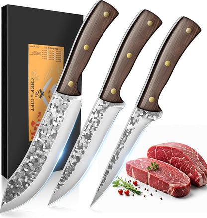 Chef Knife set 3Pcs, Professional Kitchen Knives, Sharp Butcher knife sets, Hand-forged High Carbon Steel Fillet Knife Meat Cleaver Viking Boning knife for Cooking, Gift Box