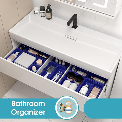 33 PCS Drawer Organizer Set, 4 Size Makeup Drawer Divider Organizer With Non-Slip Pads, Interlocking Plastic Storage Bins for Office,Jewelry Vanity,Gadgets, Bathroom,Kitchen, Navy