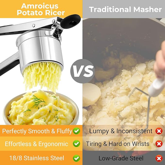 Potato Ricer Stainless Steel, Large Potato Masher 15oz, Heavy Duty Ricer Kitchen Tool for Perfect Mashed Potatoes, Potato Press and Mash Kitchen Gadget, Spaetzle Maker for Noodle
