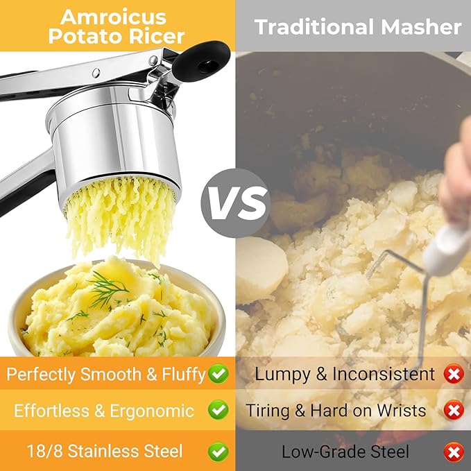Potato Ricer 15oz, Heavy Duty Stainless Steel Potato Masher with 3 Interchangeable Discs, Large Masher and Ricer Kitchen Tool for Mashed Potatoes, Spaetzle Noodle Maker, Potato Press