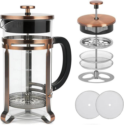 21oz French Press Coffee Maker, Thickened Borosilicate Glass & 304 Stainless Steel Double Mesh Filter. Cold Brew & Tea Brewer for Travel Camping, Kitchen Decor, Bar Accessories Gift (Copper)