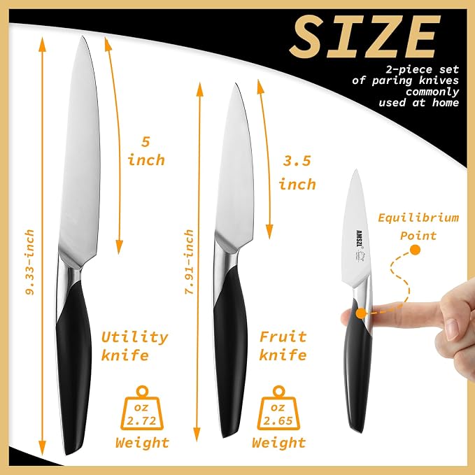 Paring Knife Set 2, German Steel, Full Tang, Dishwasher Safe | German 1.4116 steel, 15° ultra-sharp edge,ideal for peeling, slicing and garnishing fruits and vegetables (3.5"+5")