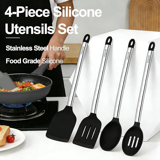 Vayvnt Silicone Cooking Utensils Set for Nonstick Cookware, 4 PCS Kitchen Silicone Spatula and Spoon Set with Stainless Steel Handle, Heat Resistant Kitchen Utensils, Dishwasher Safe, Black