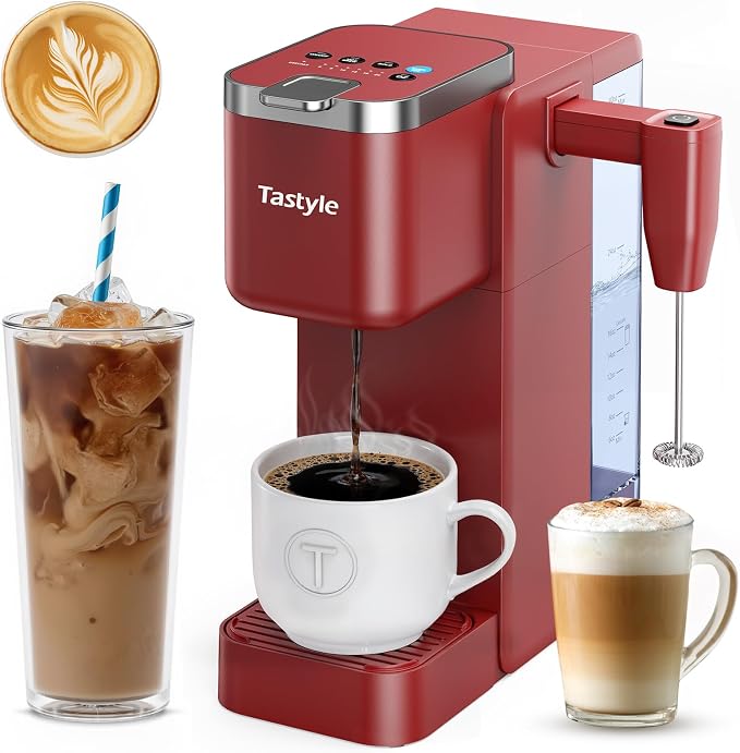 Tastyle 330MF Single Serve Coffee Maker with Built-in Detachable Milk Frother, Iced and Hot Coffee Machine for K Cup & Grounds, 40oz Removable Water Reservoir, 6 Cup Sizes, Fits 7.3" Travel Mug, Red