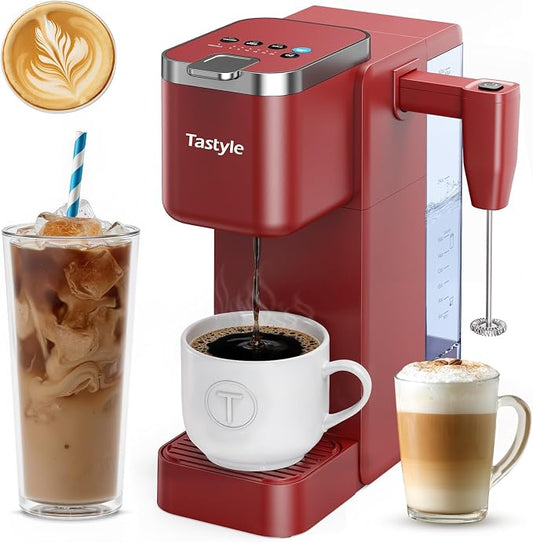 Tastyle 330MF Single Serve Coffee Maker with Built-in Detachable Milk Frother, Iced and Hot Coffee Machine for K Cup & Grounds, 40oz Removable Water Reservoir, 6 Cup Sizes, Fits 7.3" Travel Mug, Red