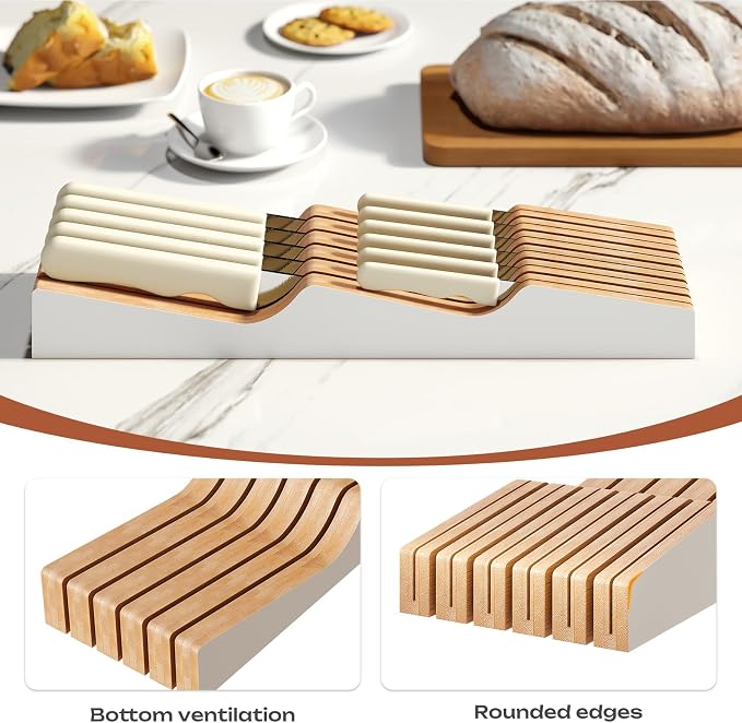 In-Drawer Knife Block Organizer - Bamboo Wood Drawer Knife Organizer-Protecting Knife Organizer Block (Not Included) (White, 11 Knives Dock)