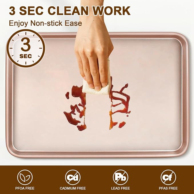 Wildone 2 Pack Jelly Roll Pan, Nonstick Baking Sheet for Oven, Thicker Carbon Steel Cookie Sheet 15x10 Inch, Heavy Duty & Easy Clean, Rose Gold