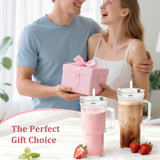 Birity 24oz Pink Bow Glass Cups with Lids and Straws,2 Set Glass Tumbler with Handle,Galss Cup with Stickers and Aesthetic Iced Coffee Cup for Smoothies,Tea,Juice,Boba,Christmas
