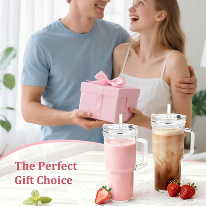 Birity 24oz Pink Bow Glass Cups with Lids and Straws,2 Set Glass Tumbler with Handle,Galss Cup with Stickers and Aesthetic Iced Coffee Cup for Smoothies,Tea,Juice,Boba,Christmas
