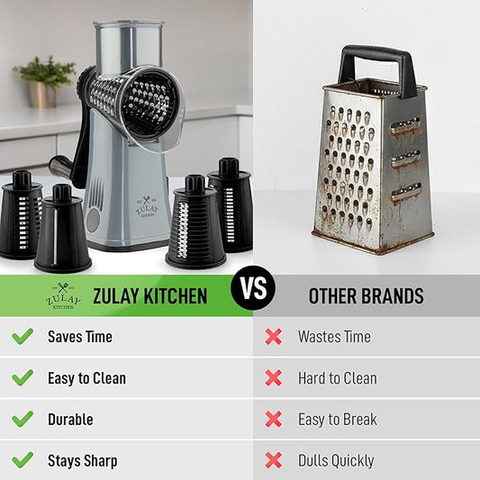 Zulay Kitchen Rotary Cheese Grater 5 Blade Cheese Shredder - Manual Hand Crank Cheese Grater With Reinforced Suction & 5 Interchangeable Drums - Easy to Use, Vegetable Chopper Round Mandoline Slicer