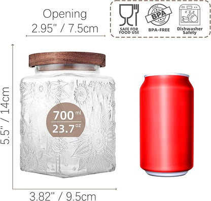 Custde Glass Storage Jars With Airtight Lid, 23.7oz Container For Kitchen Counter with Wood Lid, brown sugar, candy, coffee, cookie, salt, tea, cute Jar (Square Sunflower)