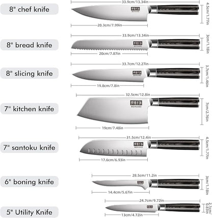 MDHAND Kitchen Knife Set, 7 Pieces Ultra Sharp Japanese Knife Set, High Carbon Stainless Steel Professional Chef Knives Set with Black Pakkawood Handle for Home Cooking, Dishwasher Safe