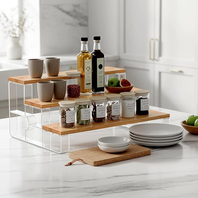 junyuan Spice Rack Organizer for Cabinet,3 Tier Spice Organization for Kitchen,Bathroom Organizers and Storage,Seasoning Countertop Shelf,Bamboo Display Shelves Racks,Clear 14"