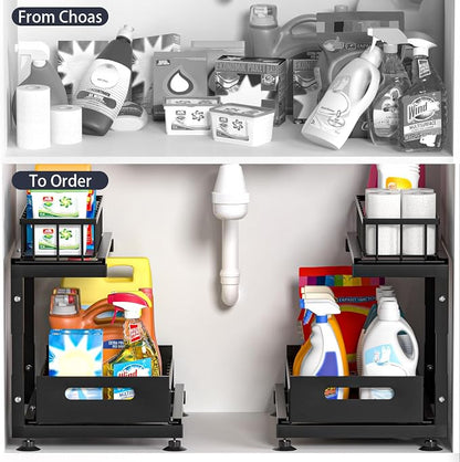 Saydear Under Sink Organizer, 2-Tier Premium Metal Pull-Out Racks with Adjustable Height, Heavy Duty Sliding Bin for Bathroom and Kitchen Cabinet Storage, Rust Resistant 1 Pack Black