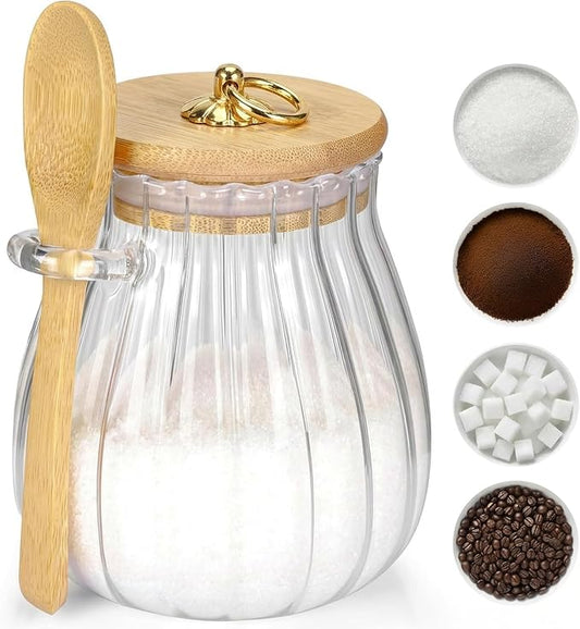 holoith Sugar Container with Bamboo Lid and Spoon,15 oz Sugar Bowl Glass Jar for Coffee Bar Accessories Coffee Canister Kitchen Decor Housewarming Gift Christmas Refillable Design
