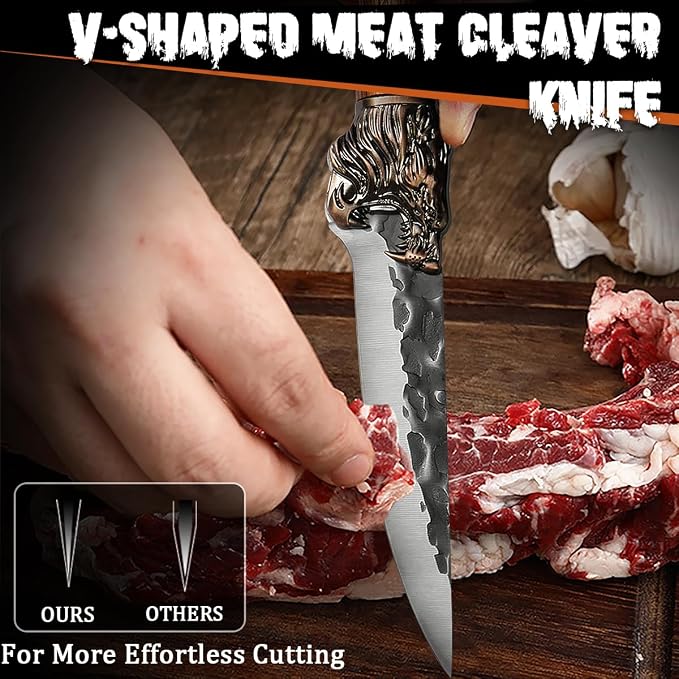 7PCS Butcher Knife Set for Home Kitchen, High Carbon Steel Hand Forged Chef Knives for Butchering, Meat Processing and Cutting, BBQ Cleaver & Bone Chopper, Fillet, Hammered Blade