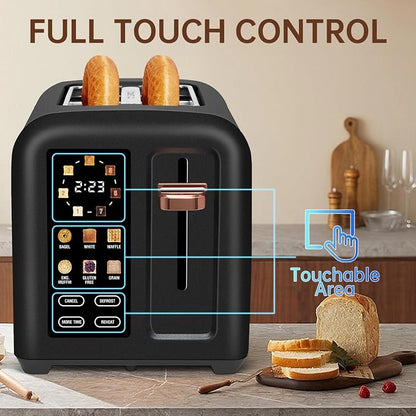 SEEDEEM Toaster 2 Slice, Touch Control Stainless Toaster LCD Display, 50% Faster Heating Speed, 1.4'' Wide Slots, More Timer Functions, Removable Crumb Tray, 1350W, Dark Chocolate
