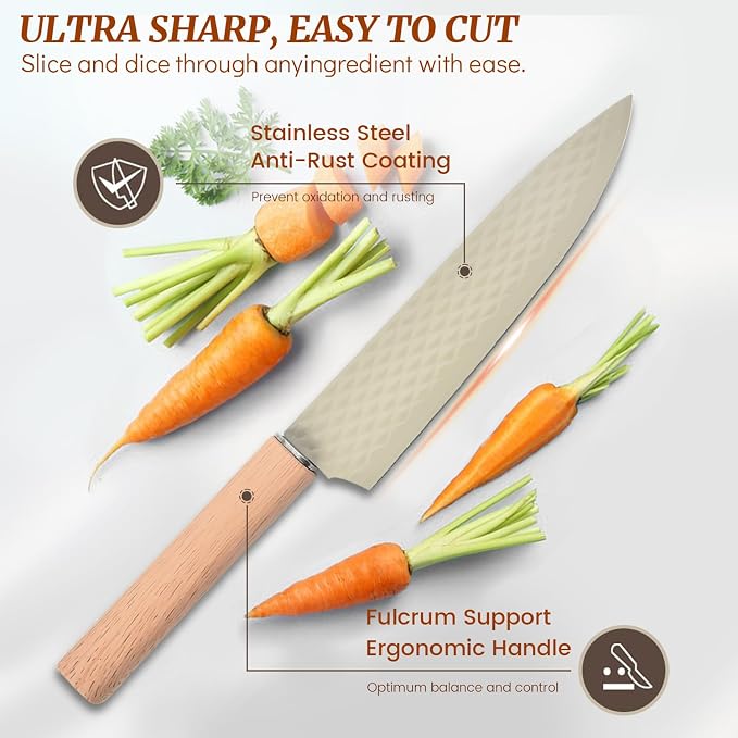 Knife Block Set, 12 Pieces Kitchen Knife Set with In-drawer Knife Block, Stainless Steel Knife Set with 6PCS Steak Knives, Ultra Sharp Non-stick Coating Chef Knife Set,Drawer Knife Organizer (Khaki)