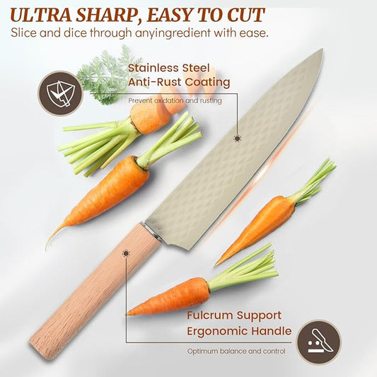 Knife Block Set, 12 Pieces Kitchen Knife Set with In-drawer Knife Block, Stainless Steel Knife Set with 6PCS Steak Knives, Ultra Sharp Non-stick Coating Chef Knife Set,Drawer Knife Organizer (Khaki)