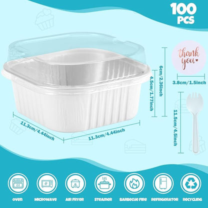 100 Pack White 10oz Mini Cake Pans With Lids, Aluminum Foil Square Brownie Baking Cups,Disposable 4”x4” Large Cupcake Pan,Jumbo Muffin Tin Ramekins Holders