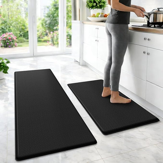StepLively Kitchen Mat, 2 PCS Kitchen Rugs, Cushioned Kitchen Mats for Floor, Anti Fatigue Kitchen Rug Set, Non-Slip Standing Mat for Kitchen, Office, Sink, 17.3"x30"+17.3"x47", Black