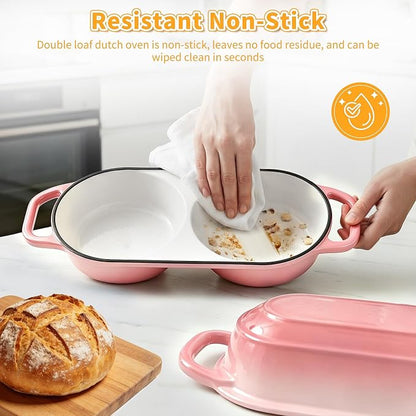 Mini Double Dutch Oven For Sourdough Bread Baking, 2.2QT Enameled Cast Iron Dutch Oven Pot With Lid, Non Stick Dual Round Bread Loaf Pan, 500°F Oven Safe, Sourdough Baking Pan For Homemade Baking