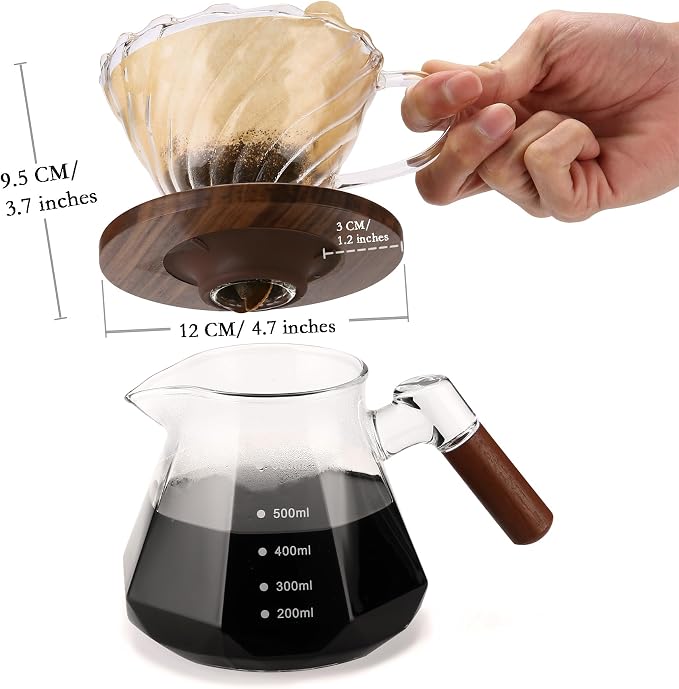 Lalord Pour Over Coffee Dripper with 100 pcs of Size 02 Paper Filter, Borosilicate Glass & Walnut Collar, Drip Coffee Maker, 1-3 Cups, Clear (Coffee Dripper)
