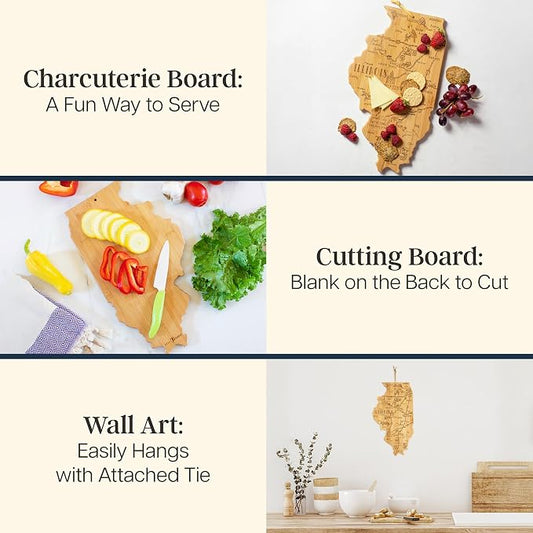 Totally Bamboo Destination Illinois Shaped Cutting Board – Bamboo Charcuterie and Serving Board with Hang Tie for Wall Display