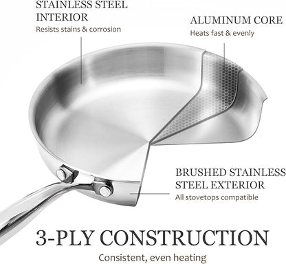 CAROTE 21pcs Tri-Ply Stainless Steel Cookware Set, Pots and Pans Set, Non Toxic Induction Kitchen Cooking Sets, Cookware Collection, Mirror Polish, Silver