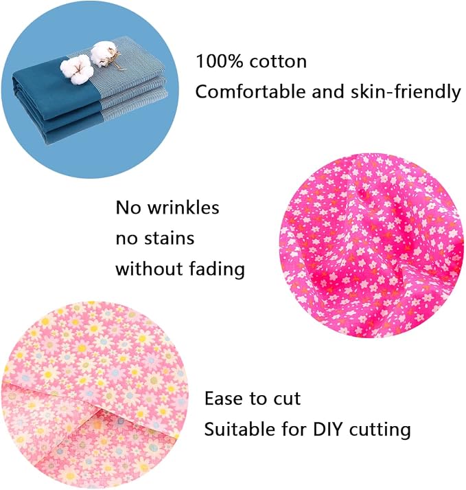 100% Cotton Fabric for Sewing Bundle: 8 Pre-Cut Floral Squares (20"x20"), Breathable, DIY Patchwork Quilting Fabric in Pink