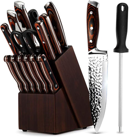 Kitchen Knife Sets with Block, 15-Piece High Carbon Stainless Steel Knife Block Set with Sharpener, Ultra-Sharp kitchen knives with Triple Rivet Wood Handle Perfect for Cooking Cut