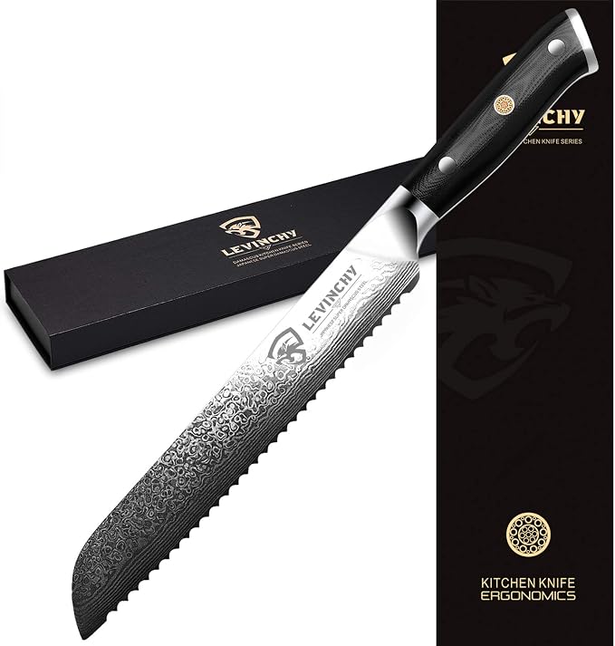 Bread Knife 8 inch Professional Japanese Damascus Stainless Steel with Black Premium G10 Handle, Ergonomic Pro Kitchen Knife, Superb Edge Retention, Stain & Corrosion Resistant